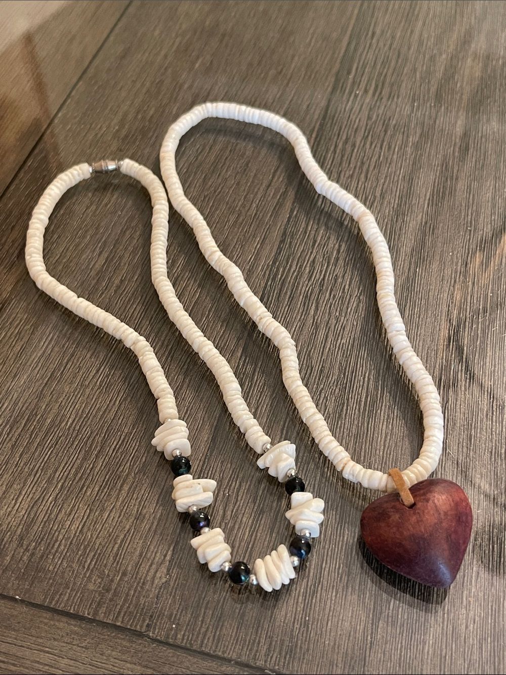 Vintage Hawaiian Puka Shell Surfer Necklaces with Heart-Shaped Wooden Pendant